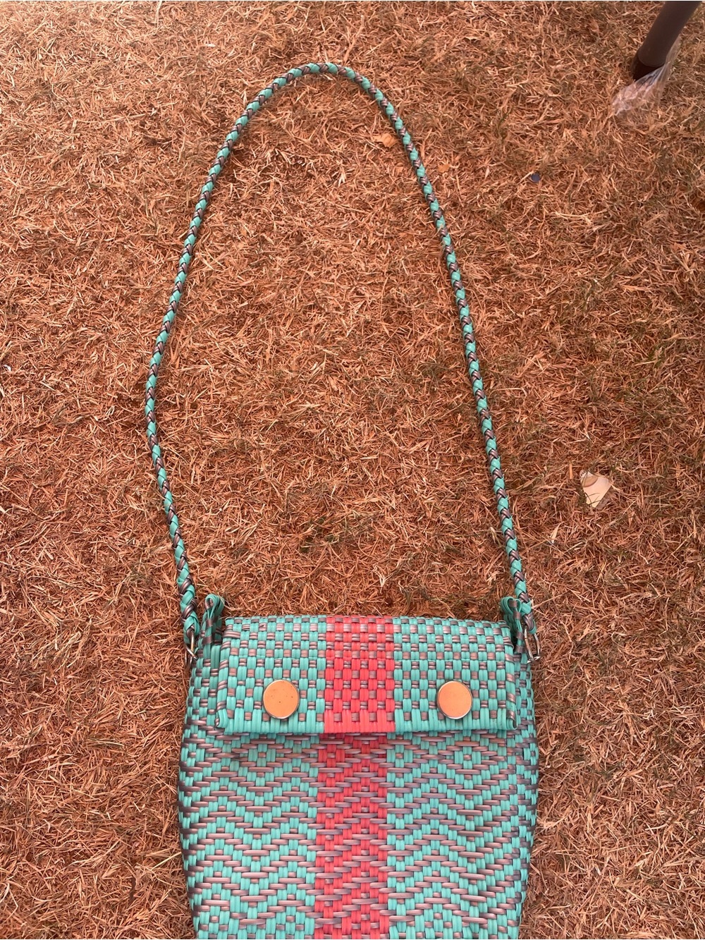 Woven Crossbody Bag in Teal and Coral - Unbranded